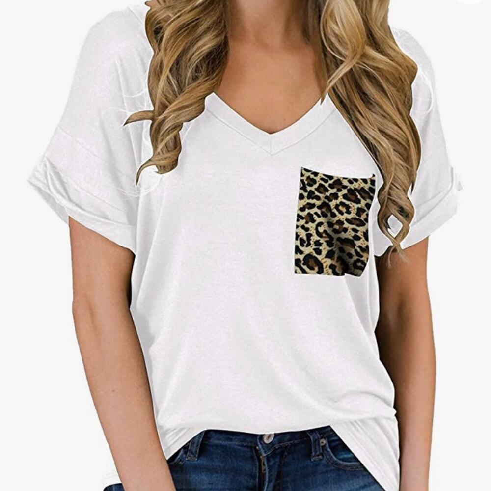 New MIHOLL V-Neck T-Shirt with Leopard Print Pocket Short Sleeve Size Small